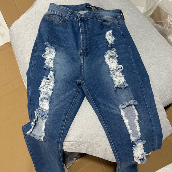 Fashion Nova Ripped Blue Jeans - Picture 1 of 5